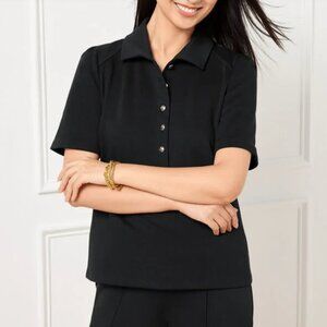 NWT - Talbots - Passport Ponte Short Sleeve Polo - Black w Silver Buttons - Mp